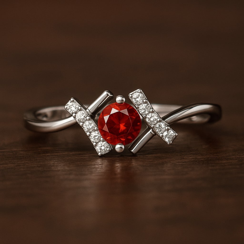 Natural Garnet Gemstone & Lab Grown Diamonds Silver Ring: Natural Garnet Gemstone & Lab Grown Diamonds Silver Ring Jewelry Type : Ring Gemstone : Natural Garnet Gemstone Shape : Round Gemstone Size : 4.5 MM Gemstone Quantity : 1 Piece Diamond Type