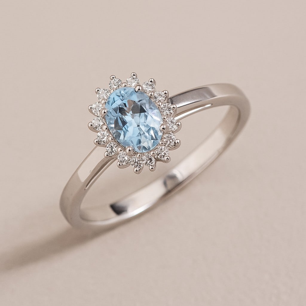 Natural Aquamarine Gemstone & Lab Grown Diamonds Silver Ring: Natural Aquamarine Gemstone & Lab Grown Diamonds Silver Ring Jewelry Type : Ring Gemstone : Natural Aquamarine Gemstone Shape : Oval Gemstone Size : 7x5 MM Gemstone Quantity : 1 Piece Diamon