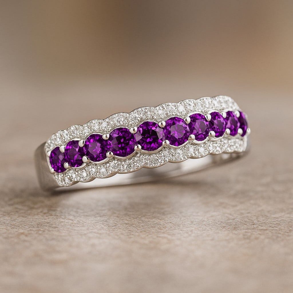Natural Amethyst Gemstone & Lab Grown Diamonds Silver Ring: Natural Amethyst Gemstone & Lab Grown Diamonds Silver Ring Jewelry Type : Ring Gemstone : Natural Amethyst Gemstone Shape : Round Gemstone Size : 3 MM, 2.8 MM, 2.5 MM, 2.2 MM, 2 MM Gemstone Quantity :