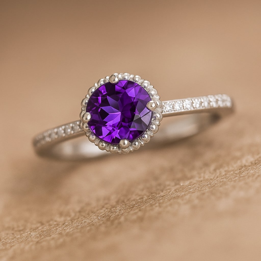 Natural Amethyst Gemstone & Lab Grown Diamonds Silver Ring: Natural Amethyst Gemstone & Lab Grown Diamonds Silver Ring Jewelry Type : Ring Gemstone : Natural Amethyst Gemstone Shape : Round Gemstone Size : 7 MM Gemstone Quantity : 1 Piece Diamond Typ