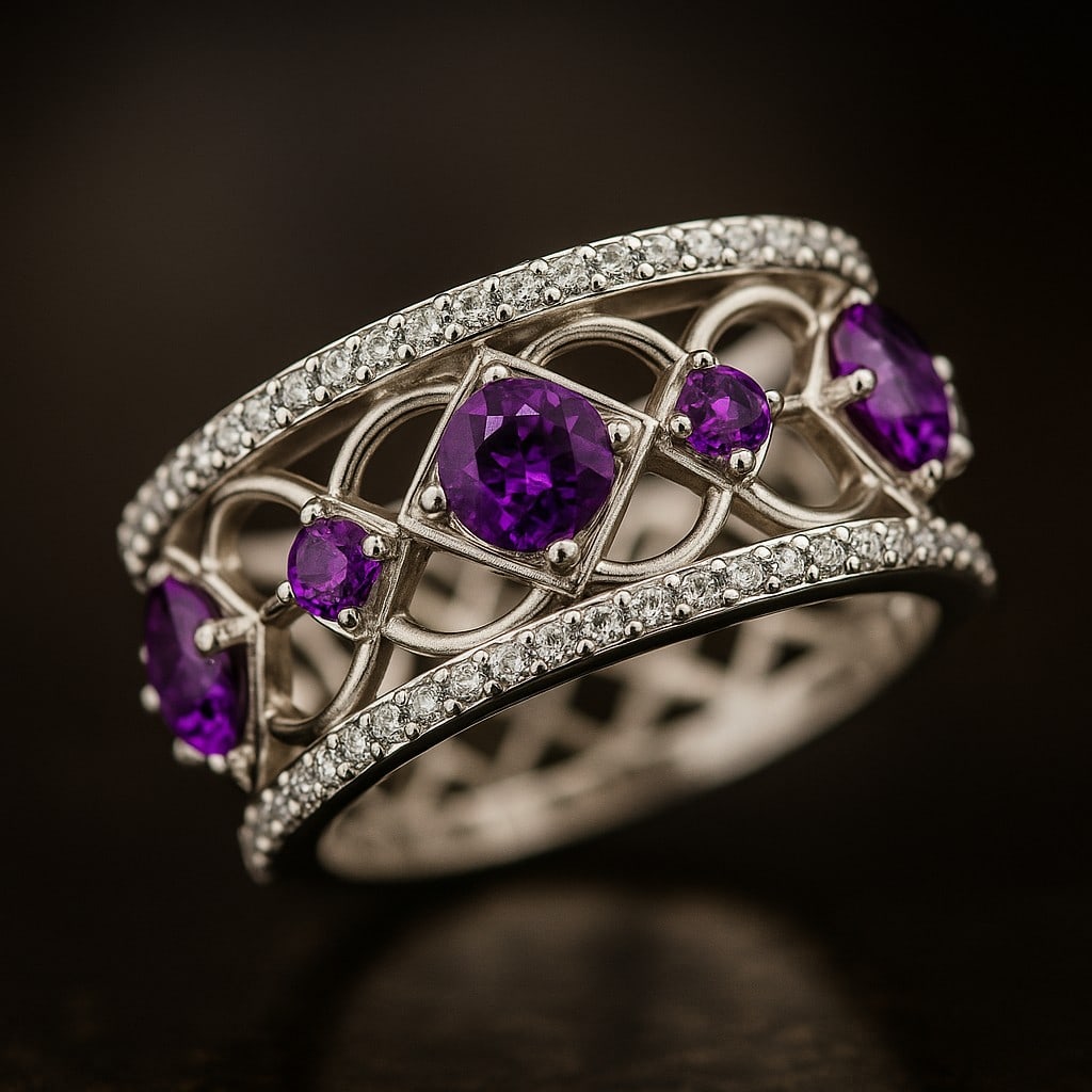 Natural Amethyst Gemstone & Lab Grown Diamonds Silver Ring: Natural Amethyst Gemstone & Lab Grown Diamonds Silver Ring Jewelry Type : Ring Gemstone : Natural Amethyst Gemstone Shape : Round Gemstone Size : 4 MM, 2.5 MM Gemstone Quantity : 3 Pieces, 2 Pieces