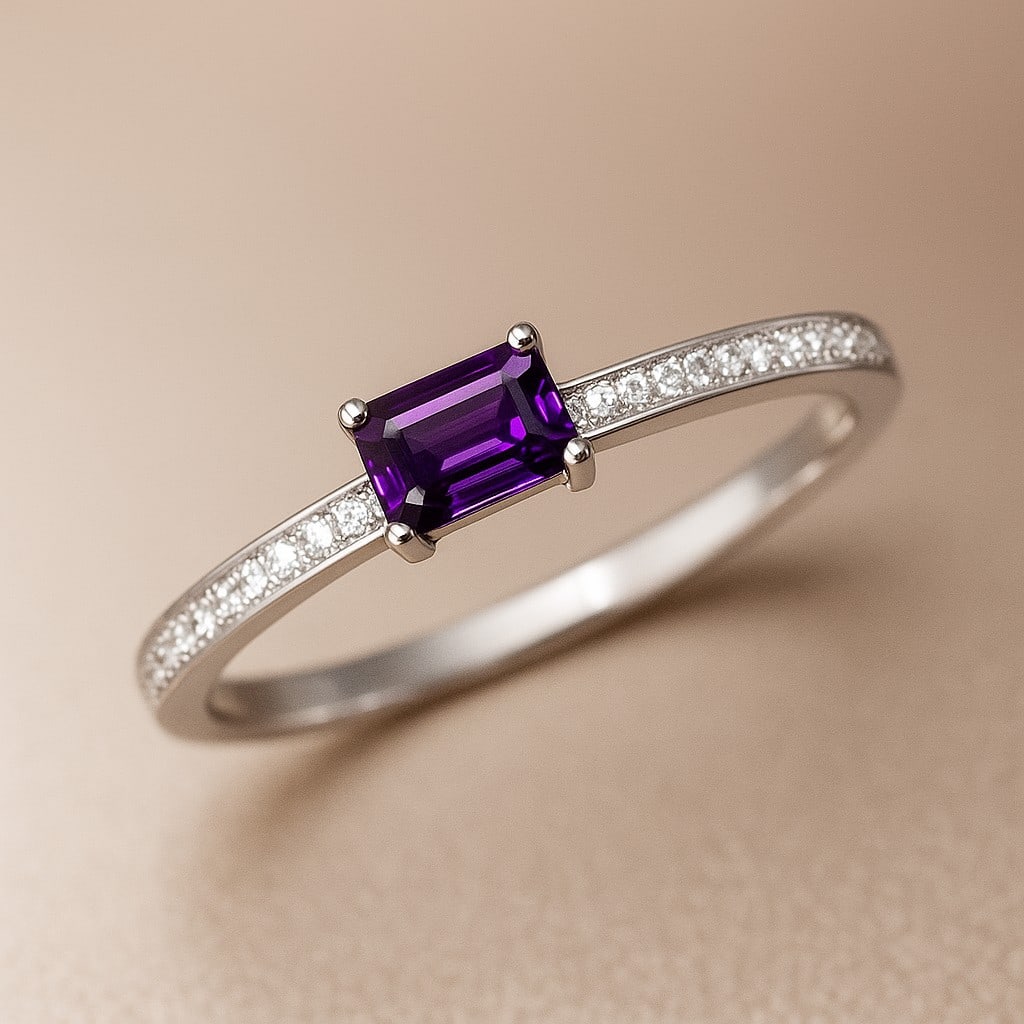 Natural Amethyst Gemstone & Lab Grown Diamonds Silver Ring: Natural Amethyst Gemstone & Lab Grown Diamonds Silver Ring Jewelry Type : Ring Gemstone : Natural Amethyst Gemstone Shape : Emerald Gemstone Size : 5x3 MM Gemstone Quantity : 1 Piece Diamond