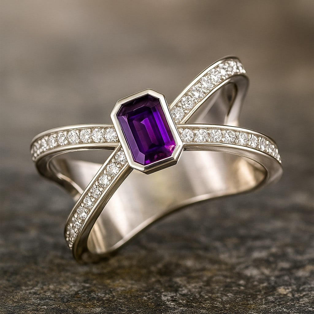 Natural Amethyst Gemstone & Lab Grown Diamonds Silver Ring (1 of 7)
