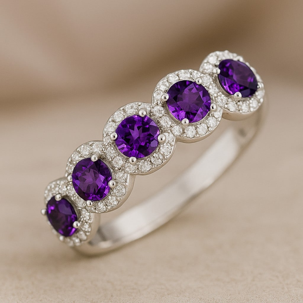 Natural Amethyst Gemstone & Lab Grown Diamonds Silver Ring: Natural Amethyst Gemstone & Lab Grown Diamonds Silver Ring Jewelry Type : Ring Gemstone : Natural Amethyst Gemstone Shape : Round Gemstone Size : 4 MM Gemstone Quantity : 5 Pieces Diamond Ty