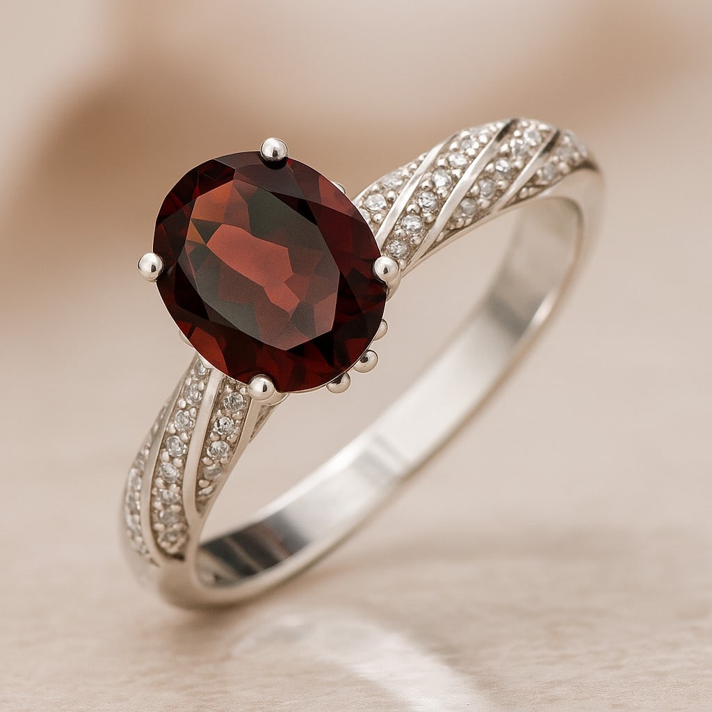 Natural Garnet Gemstone & Lab Grown Diamonds Silver Ring (1 of 7)