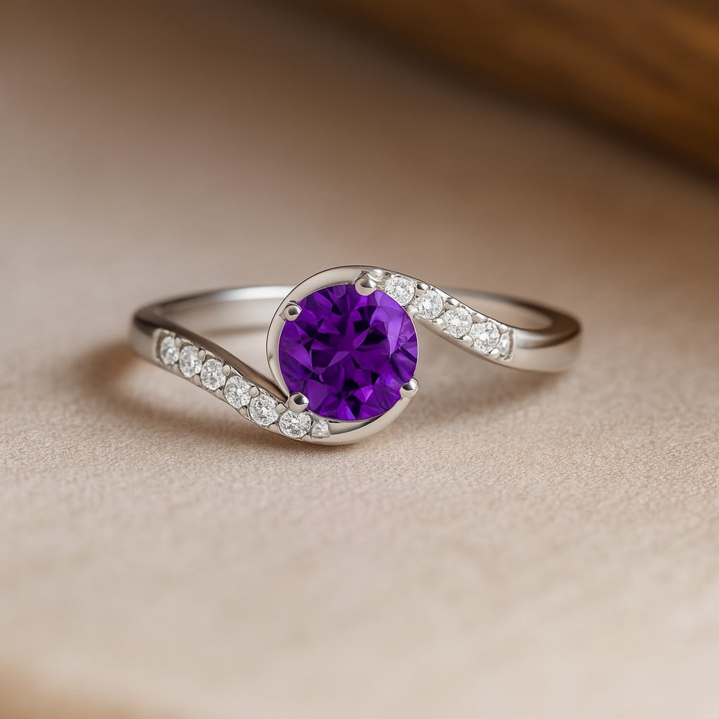 Natural Amethyst Gemstone & Lab Grown Diamonds Silver Ring: Natural Amethyst Gemstone & Lab Grown Diamonds Silver Ring Jewelry Type : Ring Gemstone : Natural Amethyst Gemstone Shape : Round Gemstone Size : 6 MM Gemstone Quantity : 1 Piece Diamond Typ