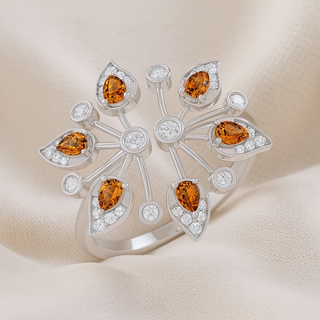 Natural Citrine Gemstone & Lab Grown Diamonds Silver Ring: Natural Citrine Gemstone & Lab Grown Diamonds Silver Ring Jewelry Type : Ring Gemstone : Natural Citrine Gemstone Shape : Pear Gemstone Size : 3x2 MM Gemstone Quantity : 6 Pieces Diamond Typ
