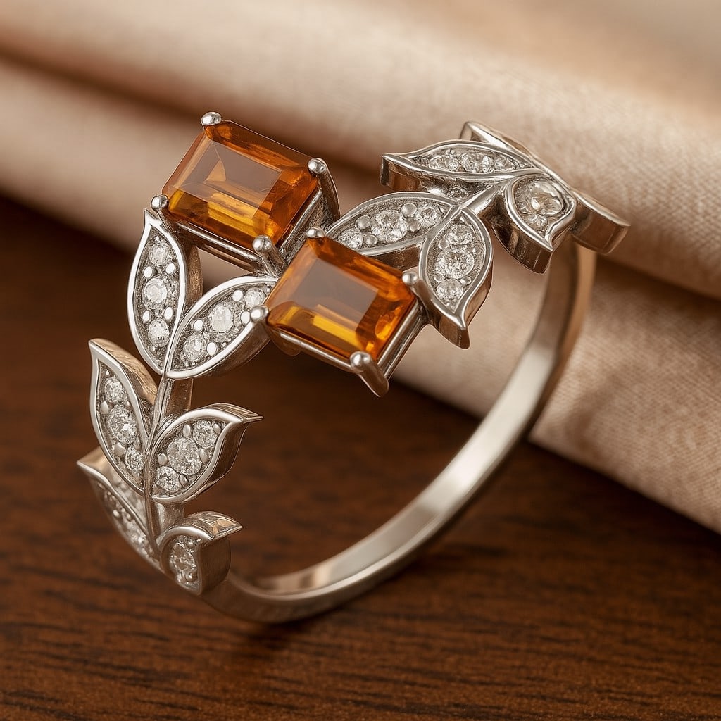 Natural Citrine Gemstone & Lab Grown Diamonds Silver Ring: Natural Citrine Gemstone & Lab Grown Diamonds Silver Ring Jewelry Type : Ring Gemstone : Natural Citrine Gemstone Shape : Emerald Gemstone Size : 5x4 MM Gemstone Quantity : 2 Pieces Diamond