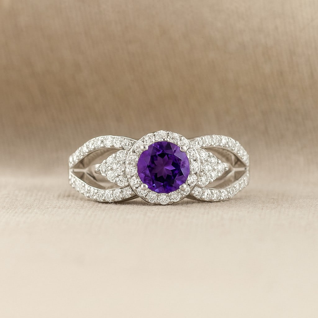 Natural Amethyst Gemstone & Lab Grown Diamonds Silver Ring: Natural Amethyst Gemstone & Lab Grown Diamonds Silver Ring Jewelry Type : Ring Gemstone : Natural Amethyst Gemstone Shape : Round Gemstone Size : 5MM Gemstone Quantity : 1 Piece Diamond Type