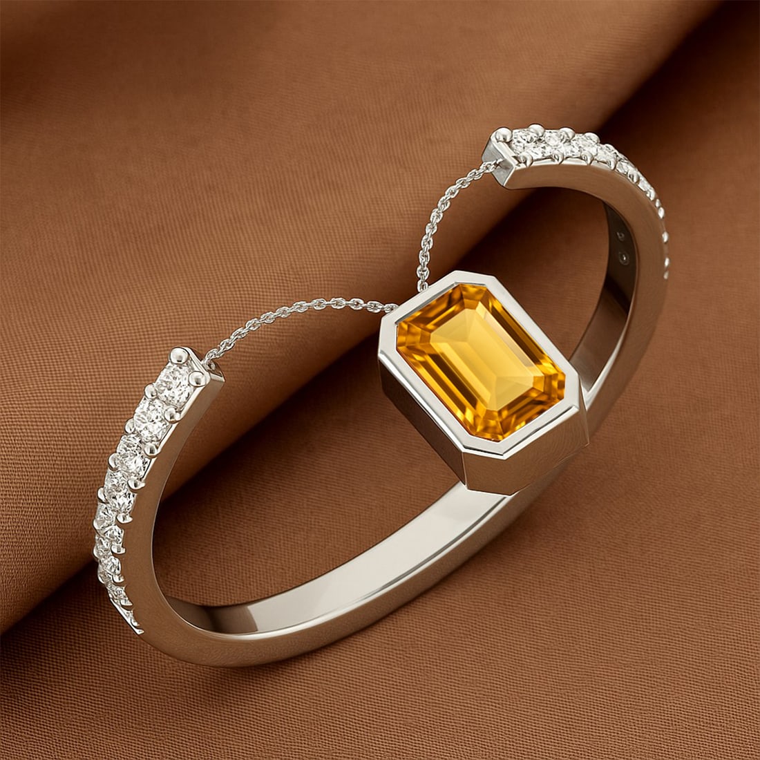 Natural Citrine Gemstone & Lab Grown Diamonds Silver Ring: Natural Citrine Gemstone & Lab Grown Diamonds Silver Ring Jewelry Type : Ring Gemstone : Natural Citrine Gemstone Shape : Emerald Gemstone Size : 5x3 MM Gemstone Quantity : 1 Piece Diamond T
