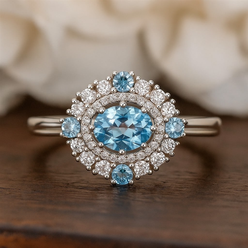 Natural Aquamarine Gemstone & Lab Grown Diamonds Silver Ring: Natural Aquamarine Gemstone & Lab Grown Diamonds Silver Ring Jewelry Type : Ring Gemstone : Natural Aquamarine Gemstone Shape : Oval, Round Gemstone Size : 8x6 MM, 2.5 MM Gemstone Quantity : 1 Piec