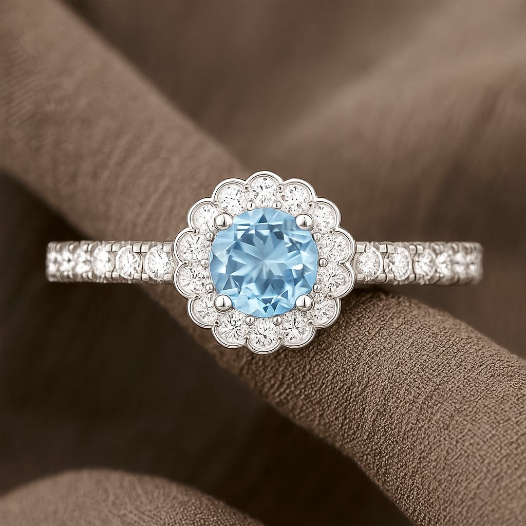 Natural Aquamarine Gemstone & Lab Grown Diamonds Silver Ring: Natural Aquamarine Gemstone & Lab Grown Diamonds Silver Ring Jewelry Type : Ring Gemstone : Natural Aquamarine Gemstone Shape : Round Gemstone Size : 5x5 MM Gemstone Quantity : 1 Piece Diamo