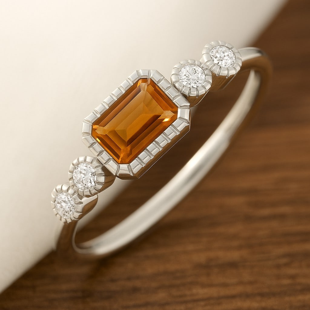 Natural Citrine Gemstone & Lab Grown Diamonds Silver Ring: Natural Citrine Gemstone & Lab Grown Diamonds Silver Ring Jewelry Type : Ring Gemstone : Natural Citrine Gemstone Shape : Emerald Gemstone Size : 6x4 MM Gemstone Quantity : 1 Piece Diamond T