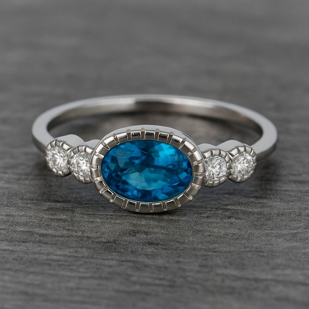 Natural Swiss Blue Topaz Gemstone & Lab Grown Diamonds Silver Ring: Natural Swiss Blue Topaz Gemstone & Lab Grown Diamonds Silver Ring Jewelry Type : Ring Gemstone : Natural Swiss Blue Topaz Gemstone Shape : Oval Gemstone Size : 6x4 MM Gemstone Quantity : 1 Piece</