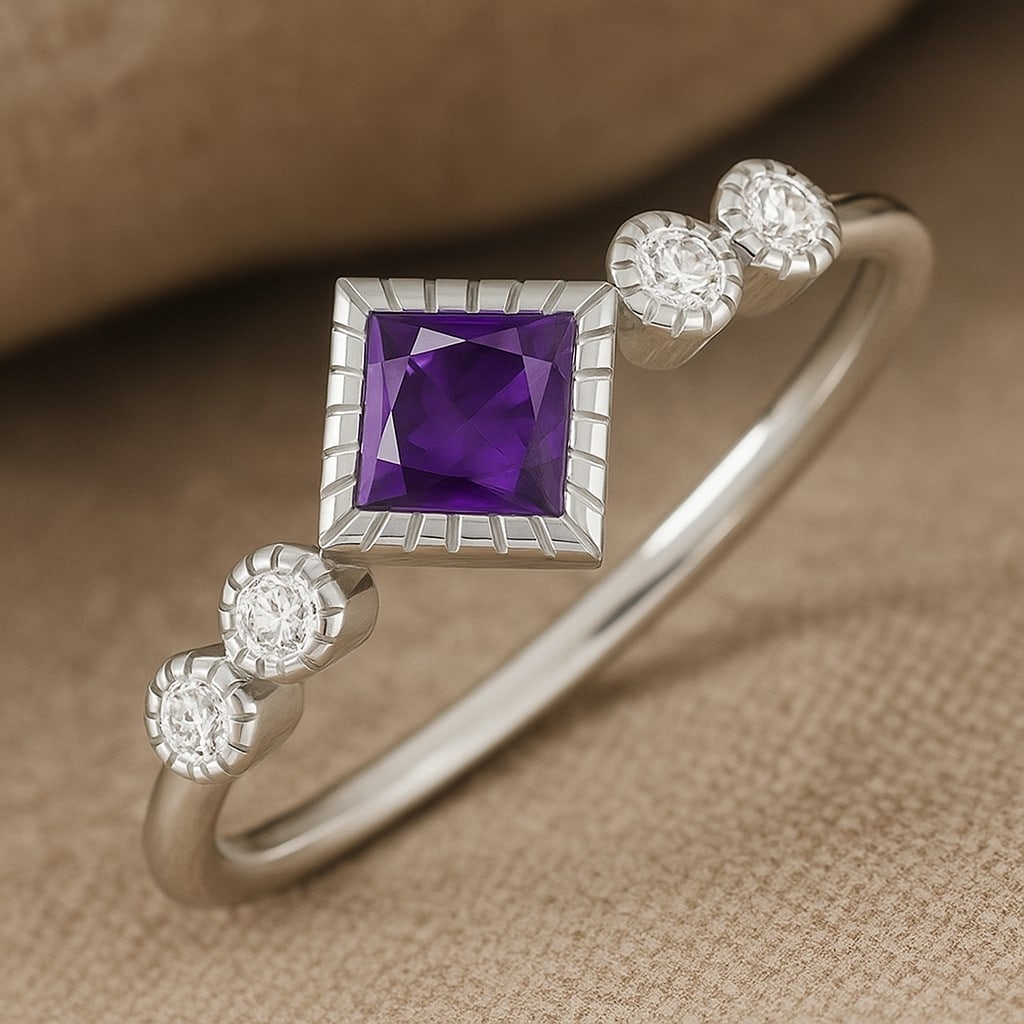 Natural Amethyst Gemstone & Lab Grown Diamonds Silver Ring: Natural Amethyst Gemstone & Lab Grown Diamonds Silver Ring Jewelry Type : Ring Gemstone : Natural Amethyst Gemstone Shape : Princess Gemstone Size : 4 MM Gemstone Quantity : 1 Piece Diamond