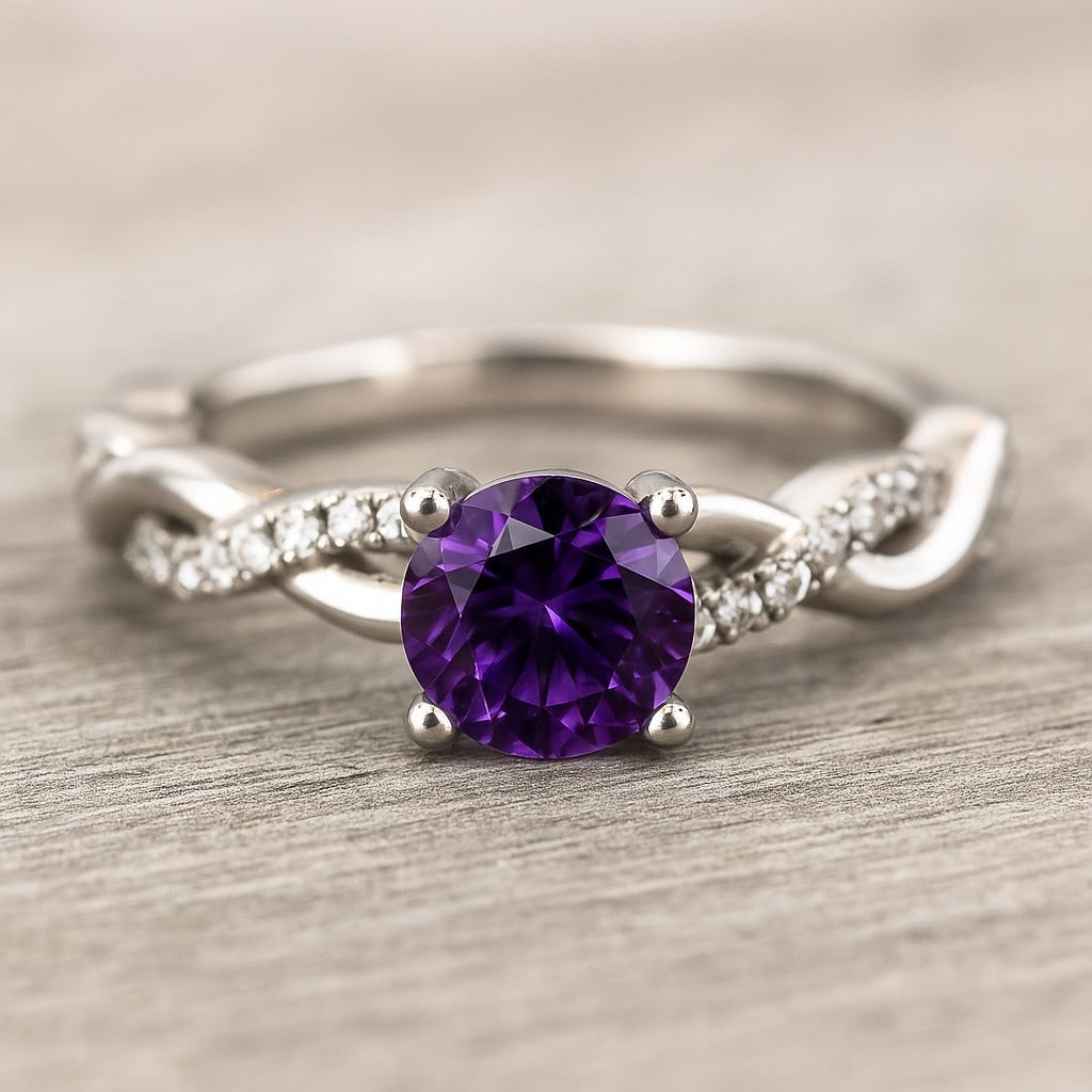 Natural Amethyst Gemstone & Lab Grown Diamonds Silver Ring: Natural Amethyst Gemstone & Lab Grown Diamonds Silver Ring Jewelry Type : Ring Gemstone : Natural Amethyst Gemstone Shape : Round Gemstone Size : 5 MM Gemstone Quantity : 1 Piece Diamond Typ