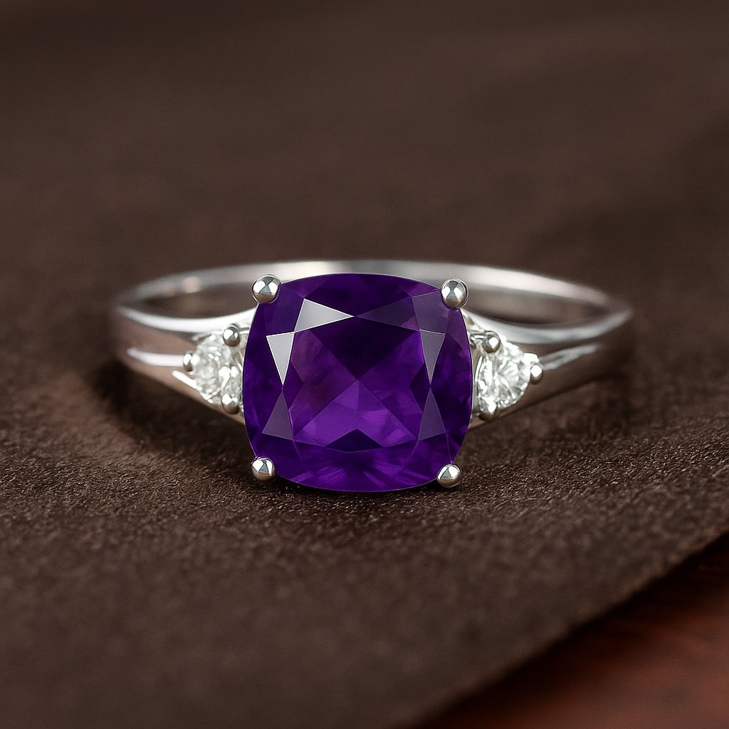 Natural Amethyst Gemstone & Lab Grown Diamonds Silver Ring: Natural Amethyst Gemstone & Lab Grown Diamonds Silver Ring Jewelry Type : Ring Gemstone : Natural Amethyst Gemstone Shape : Cushion Square Gemstone Size : 8 MM Gemstone Quantity : 1 Piece Di