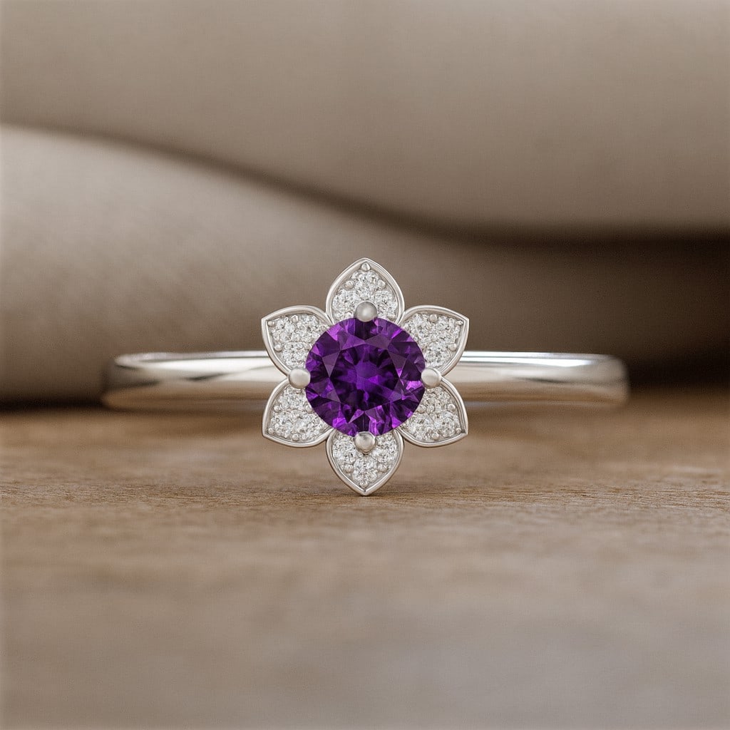 Natural Amethyst Gemstone & Lab Grown Diamonds Silver Ring: Natural Amethyst Gemstone & Lab Grown Diamonds Silver Ring Jewelry Type : Ring Gemstone : Natural Amethyst Gemstone Shape : Round Gemstone Size : 5 MM Gemstone Quantity : 1 Piece Diamond Typ