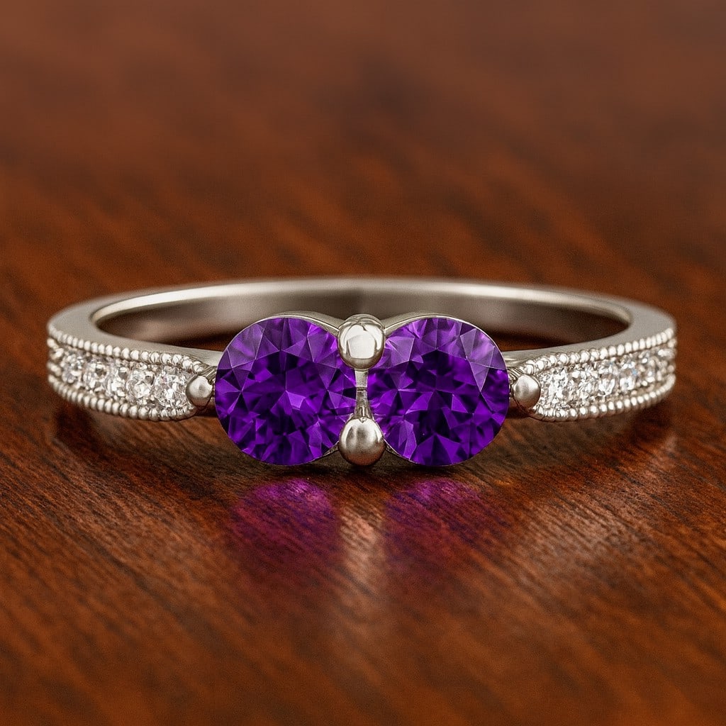 Natural Amethyst Gemstone & Lab Grown Diamonds Silver Ring: Natural Amethyst Gemstone & Lab Grown Diamonds Silver Ring Jewelry Type : Ring Gemstone : Natural Amethyst Gemstone Shape : Round Gemstone Size : 4 MM Gemstone Quantity : 2 Pieces Diamond Ty