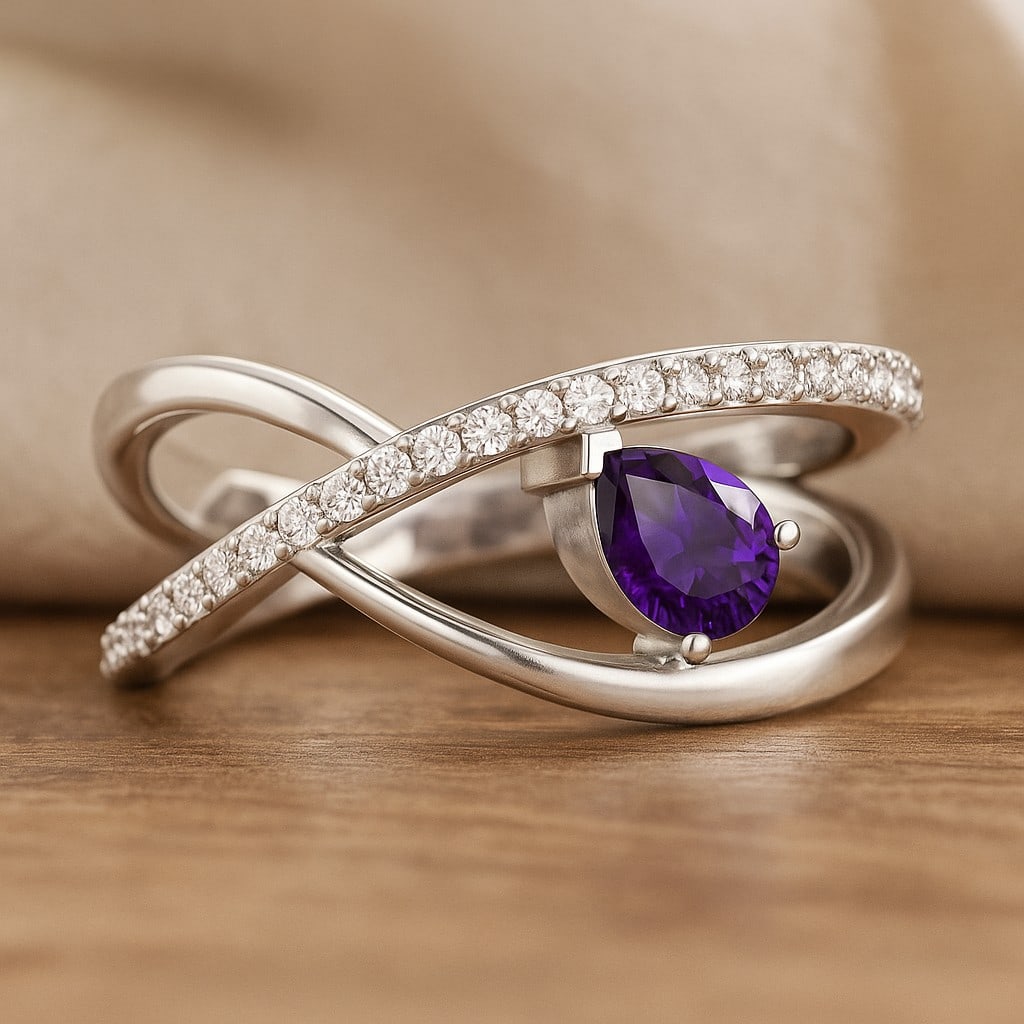 Natural Amethyst Gemstone & Lab Grown Diamonds Silver Ring: Natural Amethyst Gemstone & Lab Grown Diamonds Silver Ring Jewelry Type : Ring Gemstone : Natural Amethyst Gemstone Shape : Pear Gemstone Size : 6x4 MM Gemstone Quantity : 1 Piece Diamond Ty