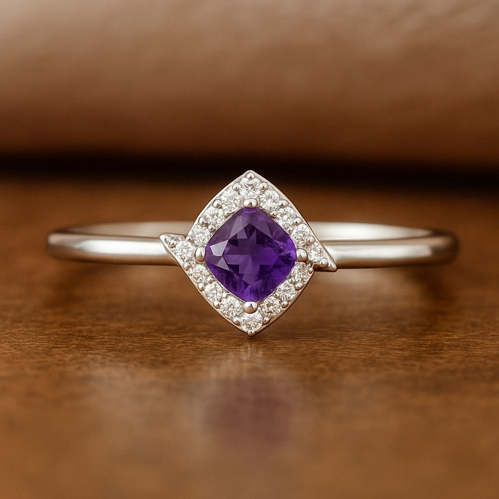 Natural Amethyst Gemstone & Lab Grown Diamonds Silver Ring: Natural Amethyst Gemstone & Lab Grown Diamonds Silver Ring Jewelry Type : Ring Gemstone : Natural Amethyst Gemstone Shape : Cushion Square Gemstone Size : 4 MM Gemstone Quantity : 1 Piece Di