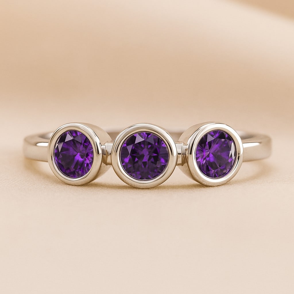 Natural Amethyst Gemstone 92.5 Sterling Silver Ring: Natural Amethyst Gemstone 92.5 Sterling Silver Ring Jewelry Type : Ring Gemstone : Natural Amethyst Gemstone Shape : Round Gemstone Size : 3.5 MM Gemstone Quantity : 3 Pieces Metal : Silv