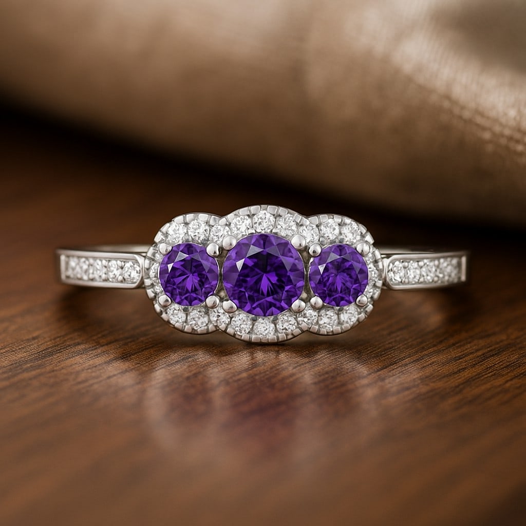 Natural Amethyst Gemstone & Lab Grown Diamonds Silver Ring: Natural Amethyst Gemstone & Lab Grown Diamonds Silver Ring Jewelry Type : Ring Gemstone : Natural Amethyst Gemstone Shape : Round Gemstone Size : 4 MM, 3MM Gemstone Quantity : 1 Piece, 2 Pieces