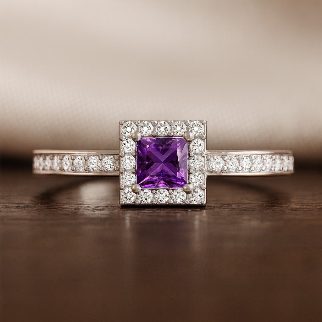 Natural Amethyst Gemstone & Lab Grown Diamonds Silver Ring: Natural Amethyst Gemstone & Lab Grown Diamonds Silver Ring Jewelry Type : Ring Gemstone : Natural Amethyst Gemstone Shape : Princess Gemstone Size : 4 MM Gemstone Quantity : 1 Piece Diamond