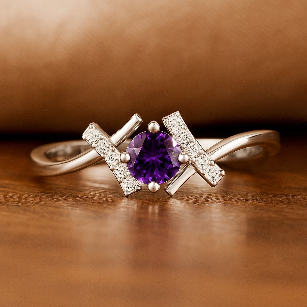 Natural Amethyst Gemstone & Lab Grown Diamonds Silver Ring: Natural Amethyst Gemstone & Lab Grown Diamonds Silver Ring Jewelry Type : Ring Gemstone : Natural Amethyst Gemstone Shape : Round Gemstone Size : 4.5 MM Gemstone Quantity : 1 Piece Diamond T