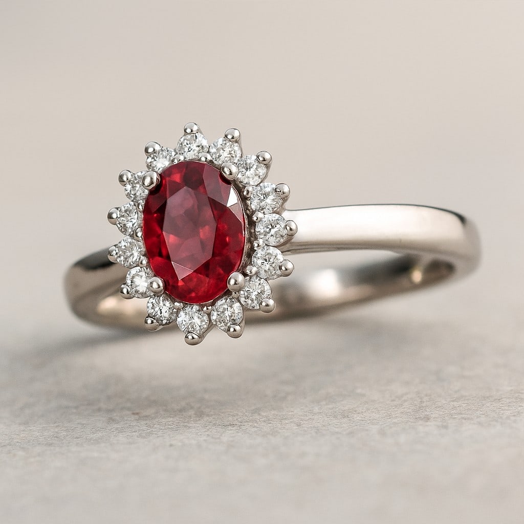 Natural Ruby Gemstone & Lab Grown Diamonds Silver Ring: Natural Ruby Gemstone & Lab Grown Diamonds Silver Ring Jewelry Type : Ring Gemstone : Natural Ruby Gemstone Shape : Oval Gemstone Size : 7x5 MM Gemstone Quantity : 1 Piece Diamond Type :