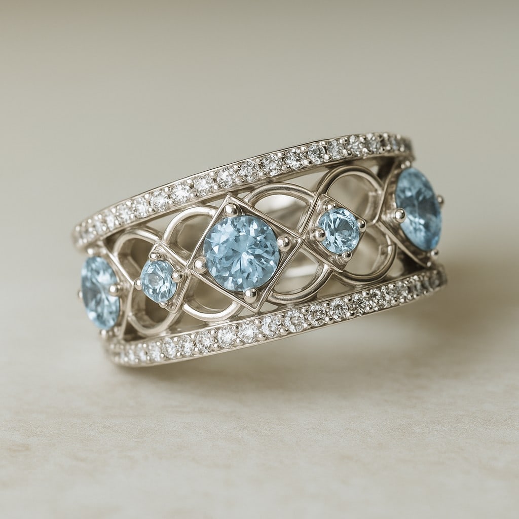 Natural Aquamarine Gemstone & Lab Grown Diamonds Silver Ring: Natural Aquamarine Gemstone & Lab Grown Diamonds Silver Ring Jewelry Type : Ring Gemstone : Natural Aquamarine Gemstone Shape : Round Gemstone Size : 4 MM, 2.5 MM Gemstone Quantity : 3 Pieces, 2 Pi