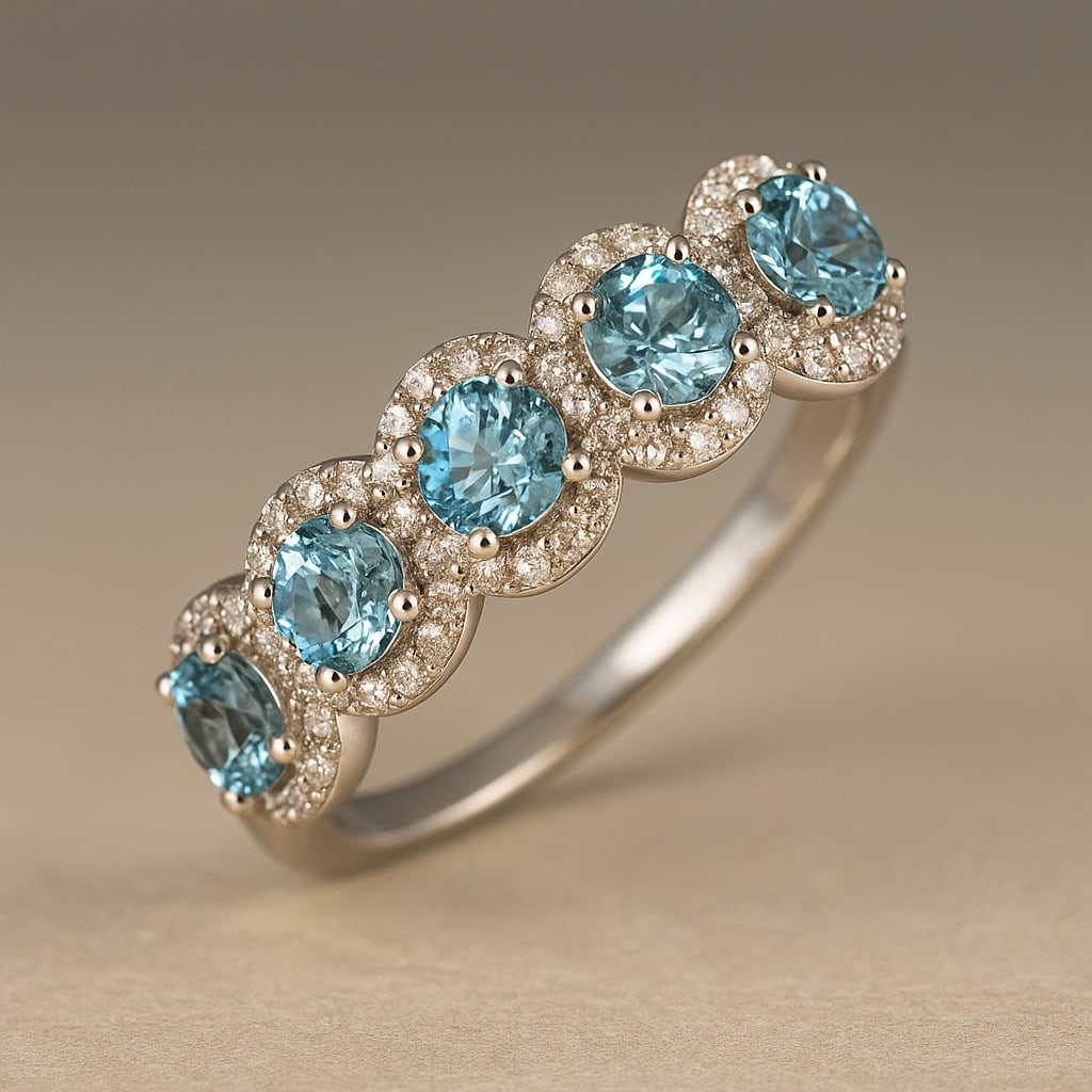 Natural Aquamarine Gemstone & Lab Grown Diamonds Silver Ring: Natural Aquamarine Gemstone & Lab Grown Diamonds Silver Ring Jewelry Type : Ring Gemstone : Natural Aquamarine Gemstone Shape : Round Gemstone Size : 4 MM Gemstone Quantity : 5 Pieces Diamon
