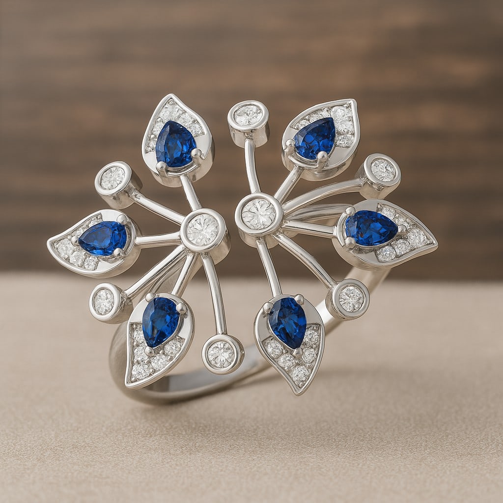 Natural Blue Sapphire Gemstone & Lab Grown Diamonds Silver Ring: Natural Blue Sapphire Gemstone & Lab Grown Diamonds Silver Ring Jewelry Type : Ring Gemstone : Natural Blue Sapphire Gemstone Shape : Pear Gemstone Size : 3x2 MM Gemstone Quantity : 6 Pieces