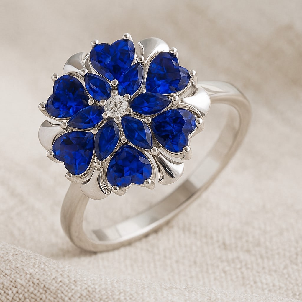 Natural Blue Sapphire Gemstone & Lab Grown Diamonds Silver Ring: Natural Blue Sapphire Gemstone & Lab Grown Diamonds Silver Ring Jewelry Type : Ring Gemstone : Natural Blue Sapphire Gemstone Shape : Heart, Marquise Gemstone Size : 4 MM, 4x2 MM Gemstone Quantity : <