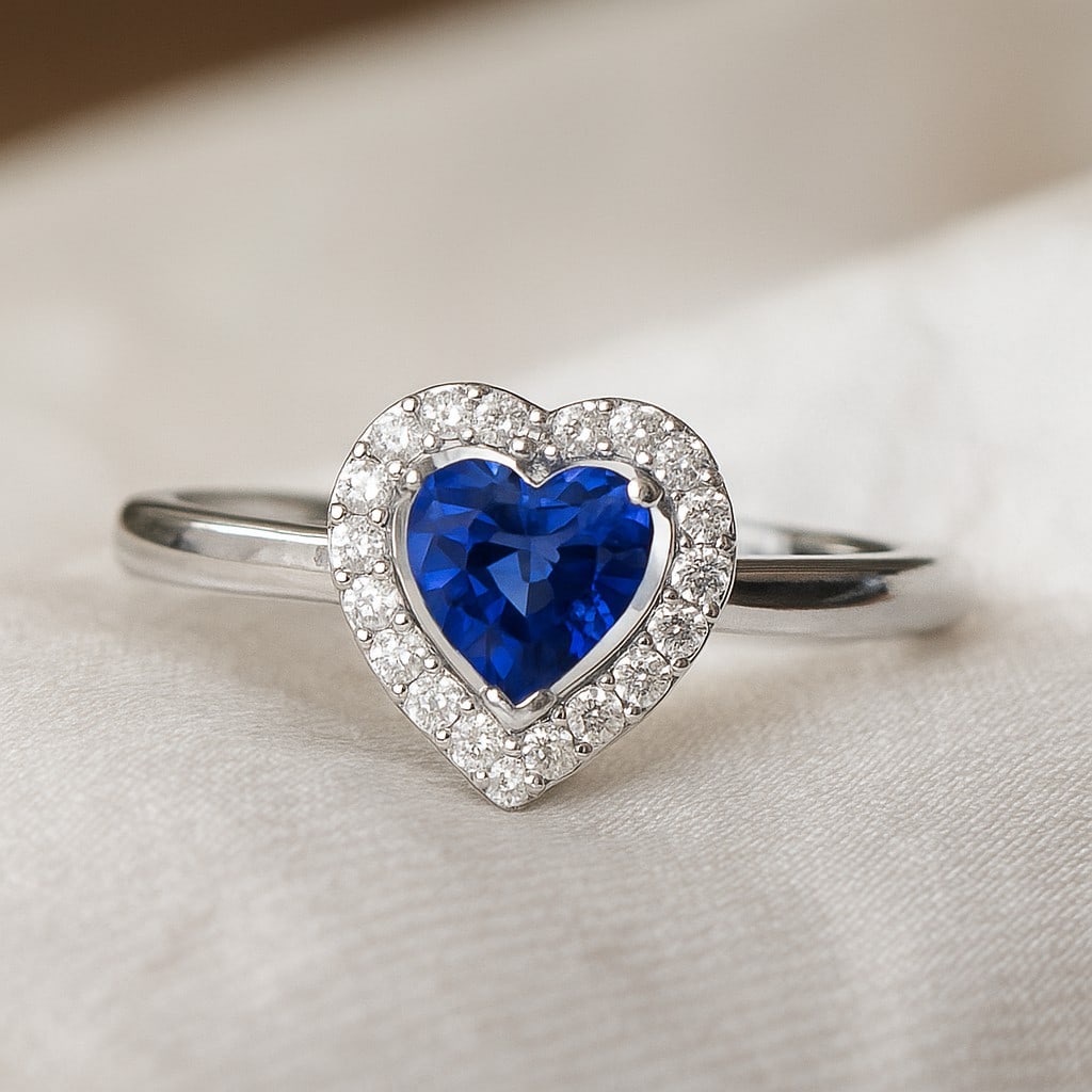 Natural Blue Sapphire Gemstone & Lab Grown Diamonds Silver Ring: Natural Blue Sapphire Gemstone & Lab Grown Diamonds Silver Ring Jewelry Type : Ring Gemstone : Natural Blue Sapphire Gemstone Shape : Heart Gemstone Size : 6 MM Gemstone Quantity : 1 Piece D