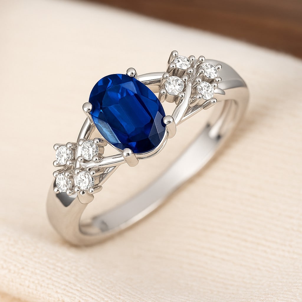 Natural Blue Sapphire Gemstone & Lab Grown Diamonds Silver Ring: Natural Blue Sapphire Gemstone & Lab Grown Diamonds Silver Ring Jewelry Type : Ring Gemstone : Natural Blue Sapphire Gemstone Shape : Oval Gemstone Size : 8x6 MM Gemstone Quantity : 1 Piece