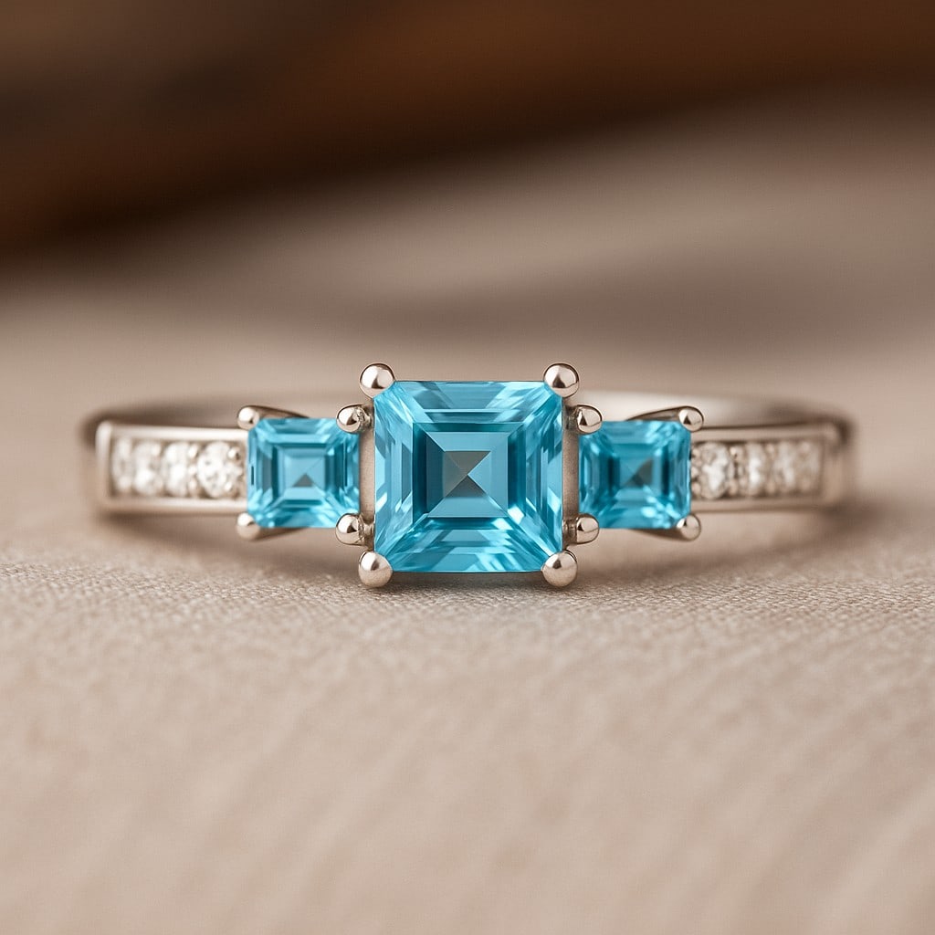 Natural Aquamarine Gemstone & Lab Grown Diamonds Silver Ring: Natural Aquamarine Gemstone & Lab Grown Diamonds Silver Ring Jewelry Type : Ring Gemstone : Natural Aquamarine Gemstone Shape : Princess Gemstone Size : 5 MM, 3MM Gemstone Quantity : 1 Piece, 2 Pie