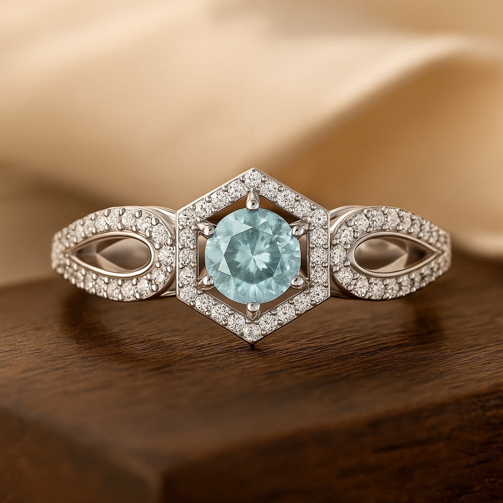Natural Aquamarine Gemstone & Lab Grown Diamonds Silver Ring: Natural Aquamarine Gemstone & Lab Grown Diamonds Silver Ring Jewelry Type : Ring Gemstone : Natural Aquamarine Gemstone Shape : Round Gemstone Size : 5 MM Gemstone Quantity : 1 Piece Diamond