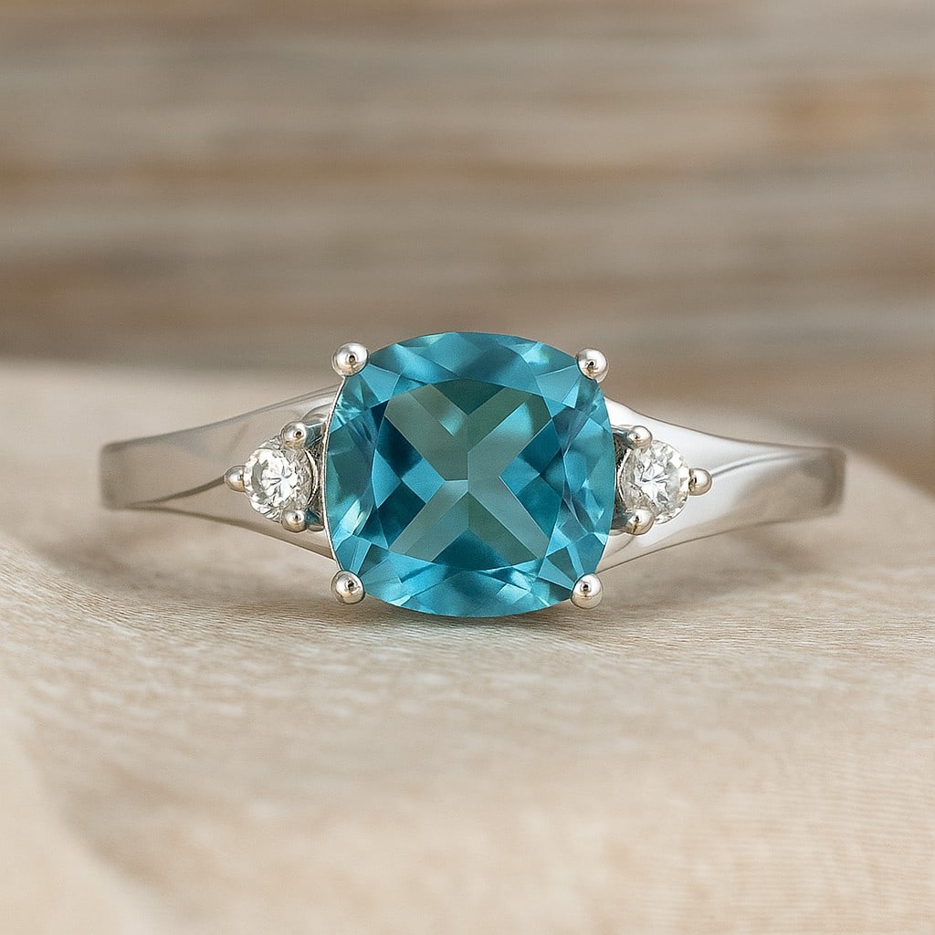 Natural Aquamarine Gemstone & Lab Grown Diamonds Silver Ring: Natural Aquamarine Gemstone & Lab Grown Diamonds Silver Ring Jewelry Type : Ring Gemstone : Natural Aquamarine Gemstone Shape : Cushion Square Gemstone Size : 8 MM Gemstone Quantity : 1 Piece