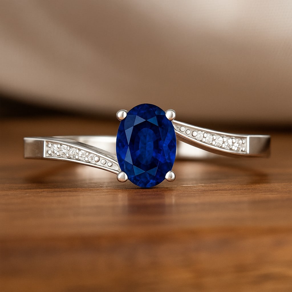 Natural Blue Sapphire Gemstone & Lab Grown Diamonds Silver Ring: Natural Blue Sapphire Gemstone & Lab Grown Diamonds Silver Ring Jewelry Type : Ring Gemstone : Natural Blue Sapphire Gemstone Shape : Oval Gemstone Size : 7x5 MM Gemstone Quantity : 1 Piece