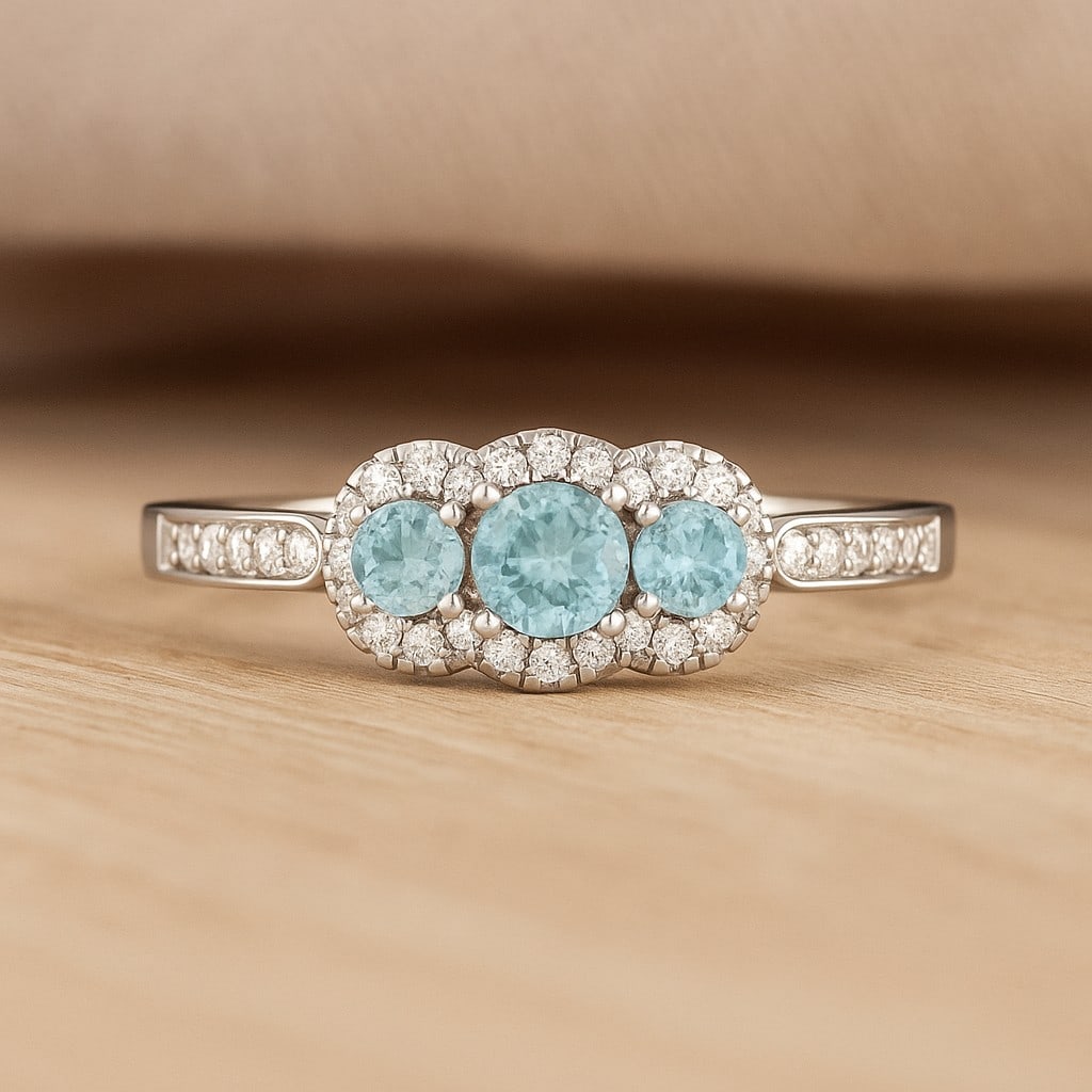 Natural Aquamarine Gemstone & Lab Grown Diamonds Silver Ring: Natural Aquamarine Gemstone & Lab Grown Diamonds Silver Ring Jewelry Type : Ring Gemstone : Natural Aquamarine Gemstone Shape : Round Gemstone Size : 4 MM, 3MM Gemstone Quantity : 1 Piece, 2 Pieces