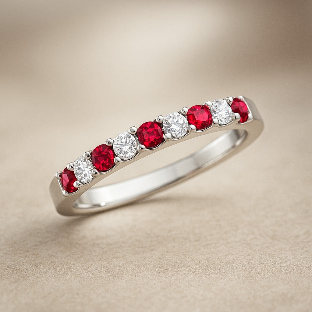 Natural Ruby Gemstone & Lab Grown Diamonds Silver Ring: Natural Ruby Gemstone & Lab Grown Diamonds Silver Ring Jewelry Type : Ring Gemstone : Natural Ruby Gemstone Shape : Round Gemstone Size : 2.5 MM Gemstone Quantity : 5 Pieces Diamond Type : <