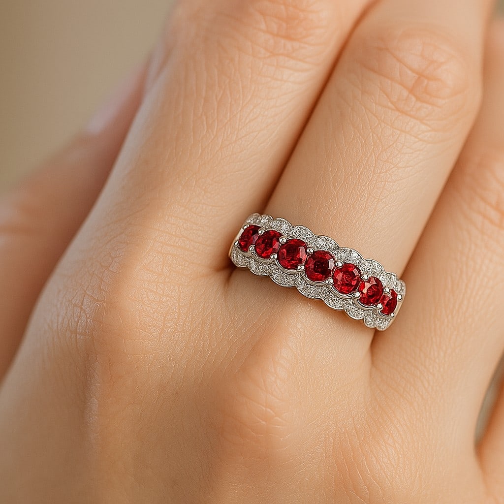 Natural Ruby Gemstone & Lab Grown Diamonds Silver Ring - 3