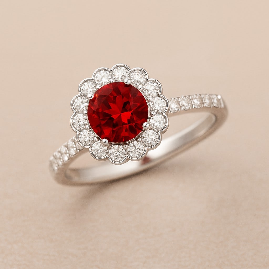 Natural Ruby Gemstone & Lab Grown Diamonds Silver Ring: Natural Ruby Gemstone & Lab Grown Diamonds Silver Ring Jewelry Type : Ring Gemstone : Natural Ruby Gemstone Shape : Round Gemstone Size : 7 MM Gemstone Quantity : 1 Piece Diamond Type : L