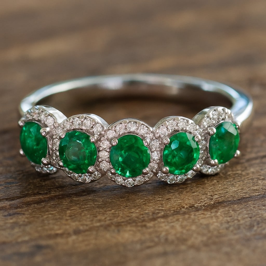 Lab Grown Emerald & Diamonds Silver Ring: Lab Grown Emerald & Diamonds Silver Ring Jewelry Type : Ring Gemstone : Lab Grown Emerald Gemstone Shape : Round Gemstone Size : 4 MM Gemstone Quantity : 5 Pieces Diamond Type : Lab Grown