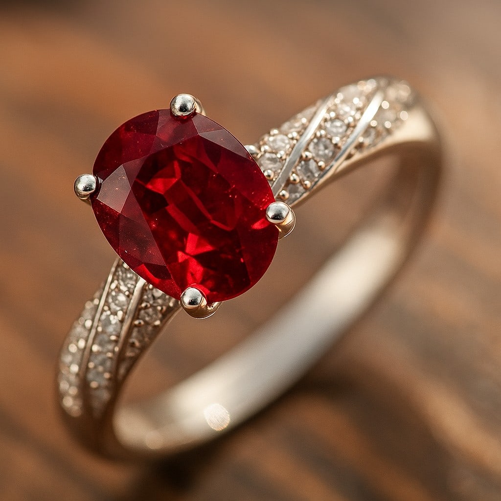 Natural Ruby Gemstone & Lab Grown Diamonds Silver Ring: Natural Ruby Gemstone & Lab Grown Diamonds Silver Ring Jewelry Type : Ring Gemstone : Natural Ruby Gemstone Shape : Oval Gemstone Size : 8x6 MM Gemstone Quantity : 1 Piece Diamond Type :
