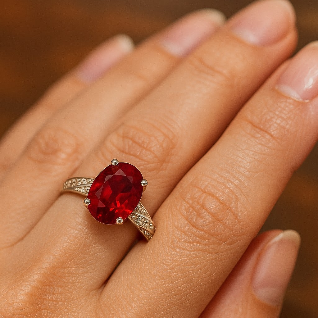 Natural Ruby Gemstone & Lab Grown Diamonds Silver Ring - 3
