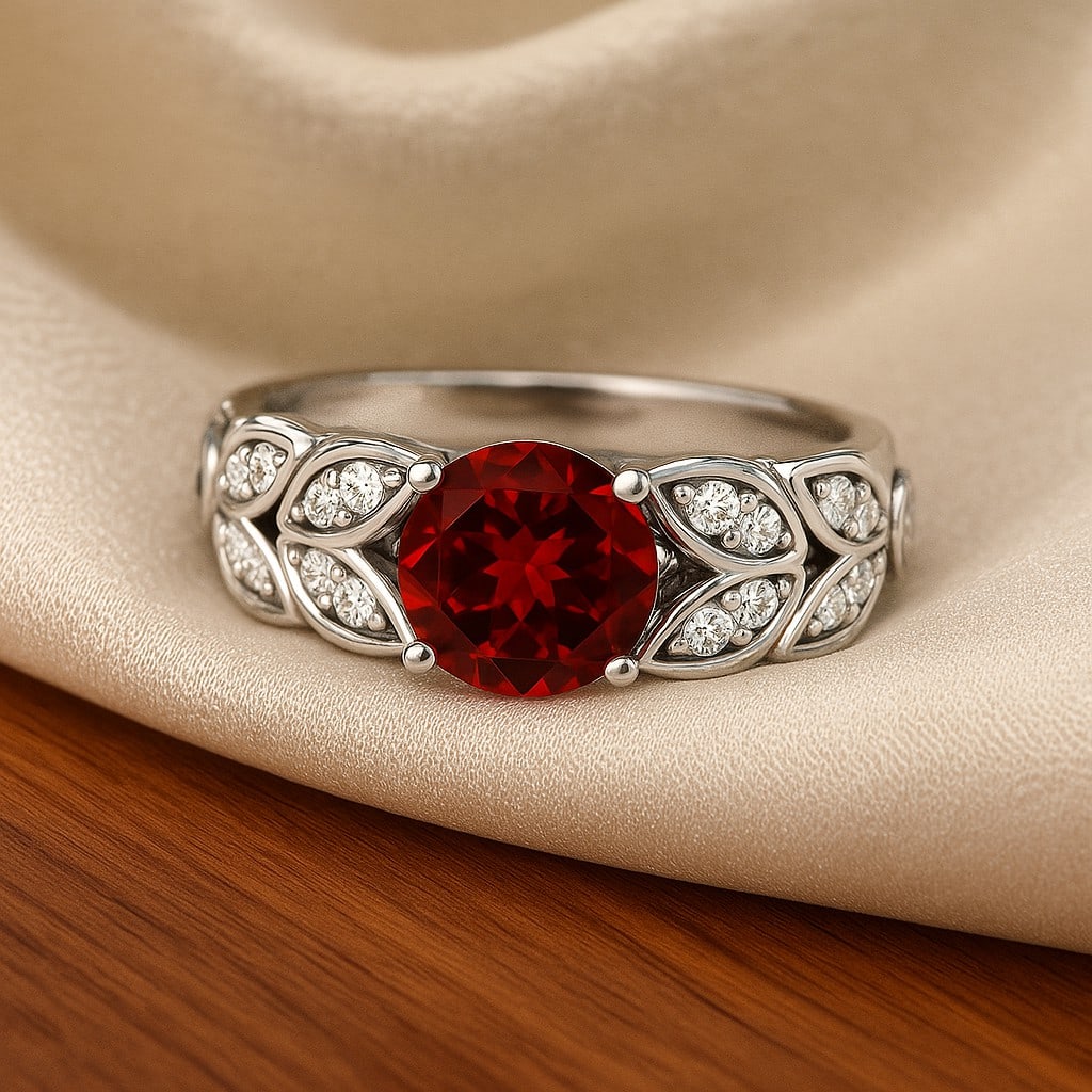 Natural Ruby Gemstone & Lab Grown Diamonds Silver Ring: Natural Ruby Gemstone & Lab Grown Diamonds Silver Ring Jewelry Type : Ring Gemstone : Natural Ruby Gemstone Shape : Round Gemstone Size : 7 MM Gemstone Quantity : 1 Piece Diamond Type : L
