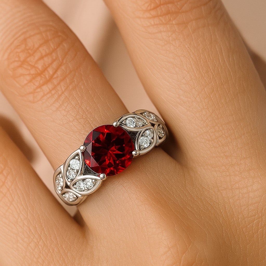 Natural Ruby Gemstone & Lab Grown Diamonds Silver Ring - 3