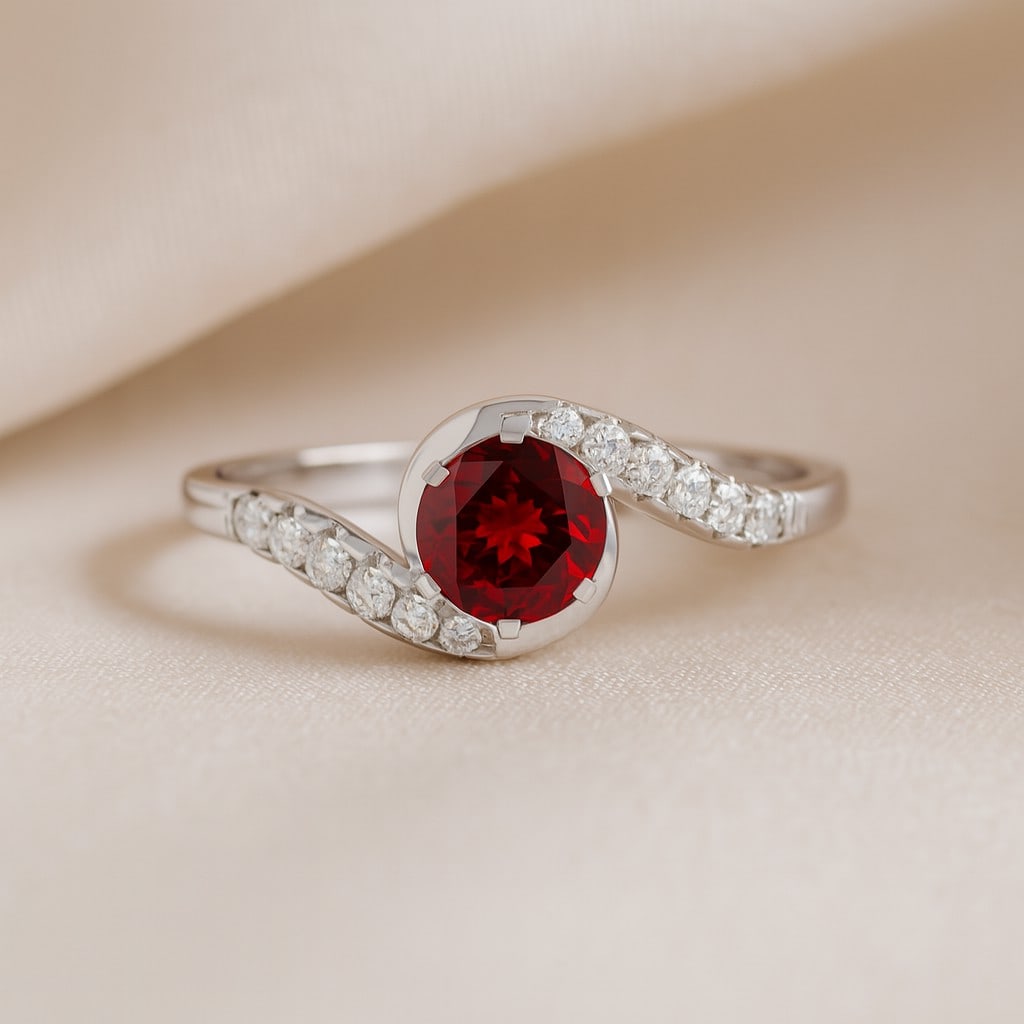 Natural Ruby Gemstone & Lab Grown Diamonds Silver Ring: Natural Ruby Gemstone & Lab Grown Diamonds Silver Ring Jewelry Type : Ring Gemstone : Natural Ruby Gemstone Shape : Round Gemstone Size : 6 MM Gemstone Quantity : 1 Piece Diamond Type : L